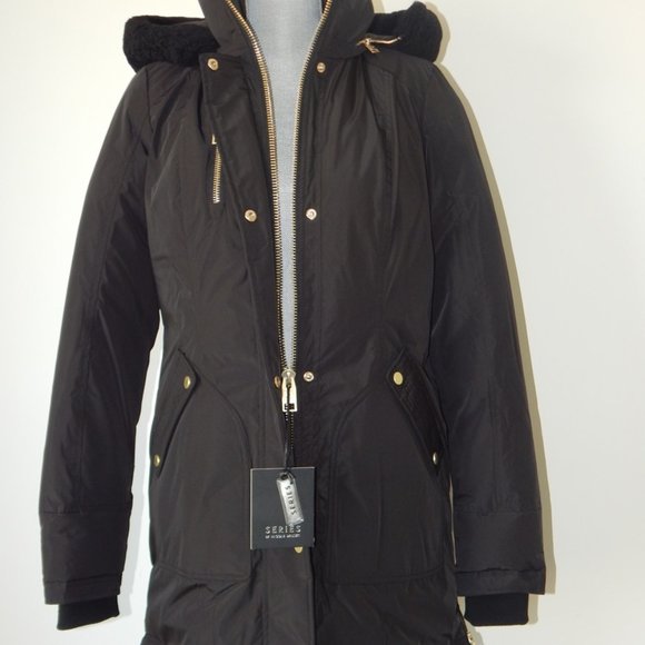 NB Series Nicole Benisti CLAREMONT Shearling Trim Down Parka Coat Black LRG NWT - Picture 7 of 14